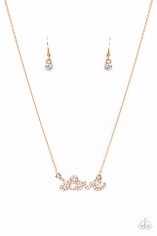 Head Over Heels In Love - Paparazzi - Gold "Love" White Rhinestone Pendant Necklace