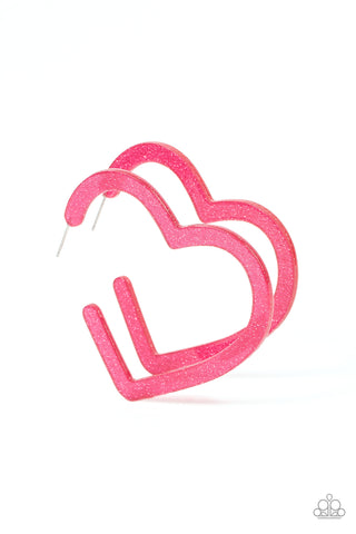 Heart-Throbbing Twinkle - Paparazzi - Pink Glitter Acrylic Heart Hoop Earrings