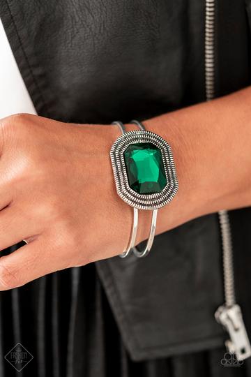 Heirloom Highness - Paparazzi - Green Emerald Gem Silver Cuff Bracelet