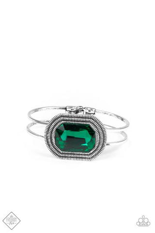 Heirloom Highness - Paparazzi - Green Emerald Gem Silver Cuff Bracelet