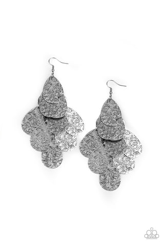 Hibiscus Harmony - Paparazzi - Silver Floral Antiqued Teardrop Chandelier Earrings