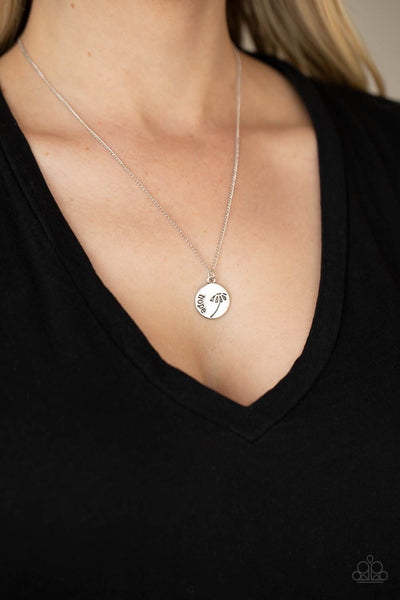 Hold On To Hope - Paparazzi - Silver Stamped Hope and Flower Dainty Necklace