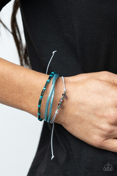 Holographic Hike - Paparazzi - Blue Iridescent Wood and Metallic Bead Leather Sliding Knot Bracelet