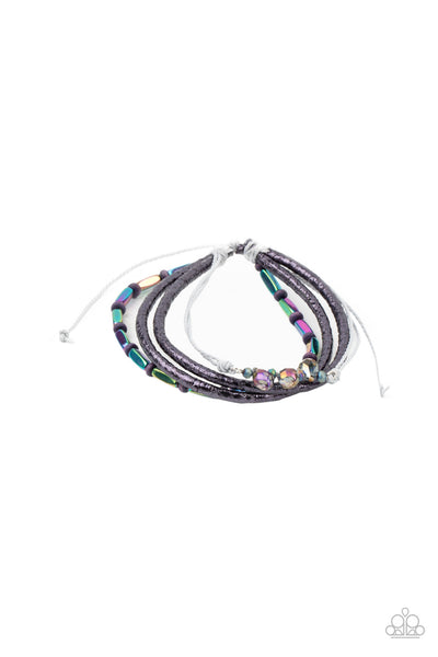 Holographic Hike - Paparazzi - Multi Oil Spill Wood Bead Purple Leather Sliding Knot Bracelet