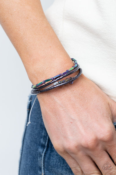 Holographic Hike - Paparazzi - Multi Oil Spill Wood Bead Purple Leather Sliding Knot Bracelet