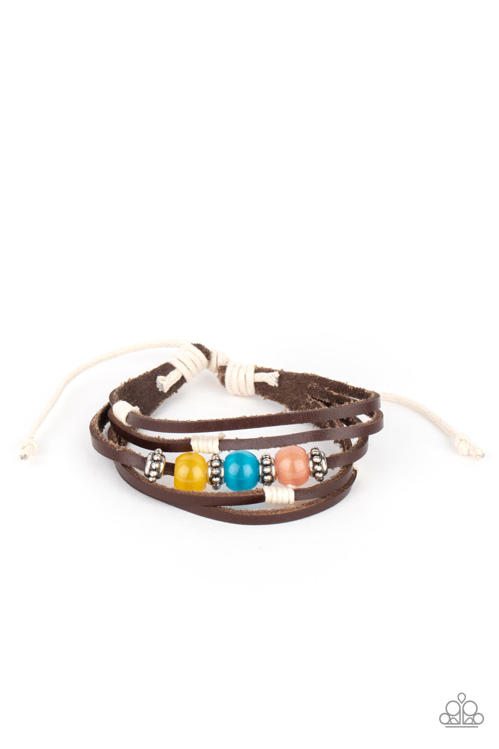 Homespun Radiance - Paparazzi - Multi Yellow Blue and Pink Cat's Eye Moonstone Brown Leather Sliding Knot Bracelet