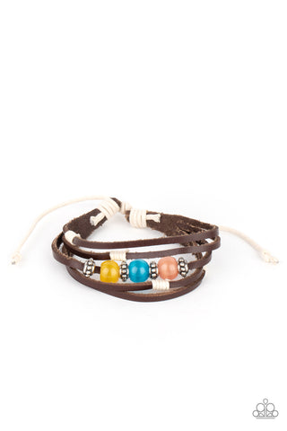 Homespun Radiance - Paparazzi - Multi Yellow Blue and Pink Cat's Eye Moonstone Brown Leather Sliding Knot Bracelet