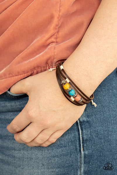 Homespun Radiance - Paparazzi - Multi Yellow Blue and Pink Cat's Eye Moonstone Brown Leather Sliding Knot Bracelet