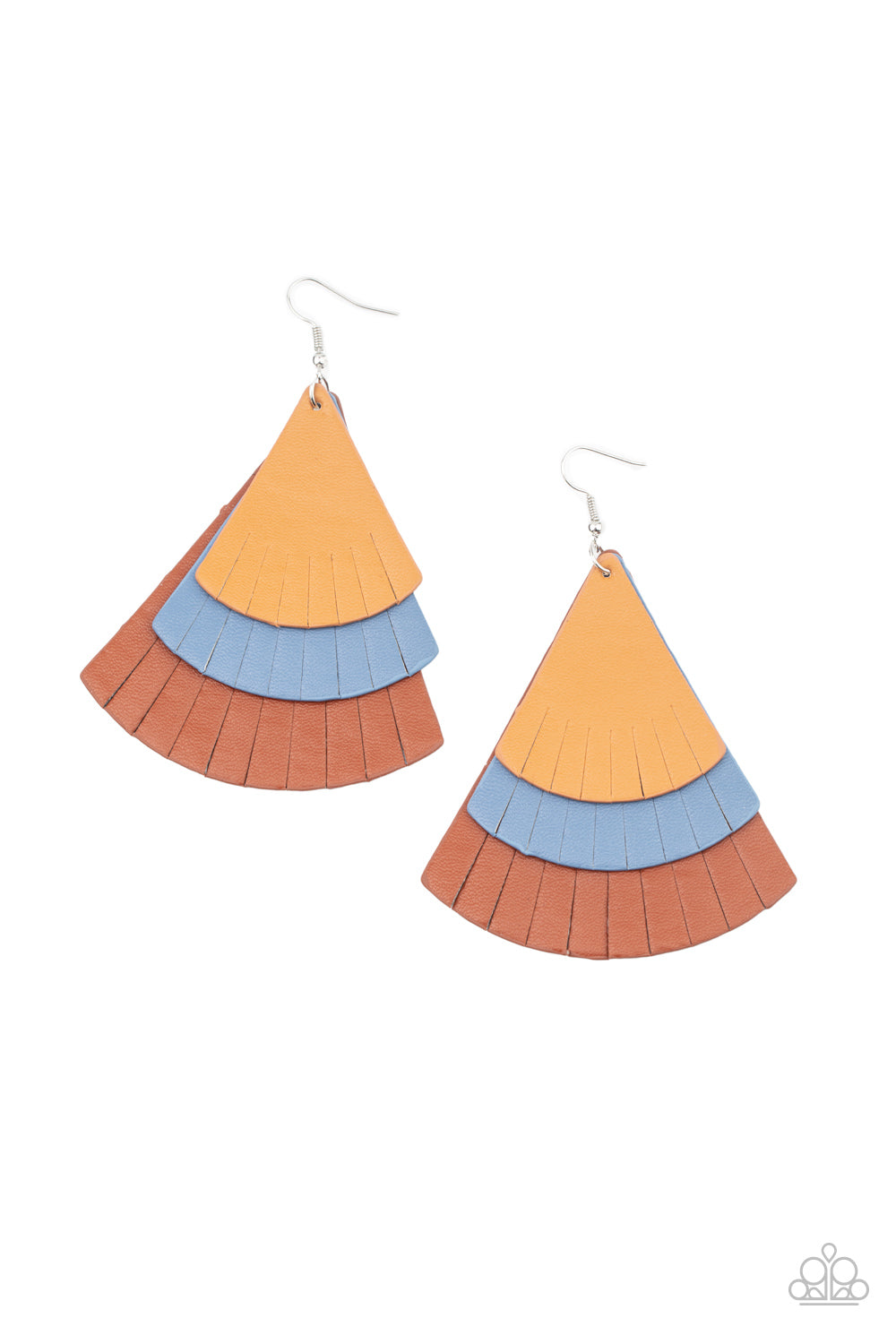 Huge Fanatic - Paparazzi - Multi Tan Blue Brown Leather Layered Earrings