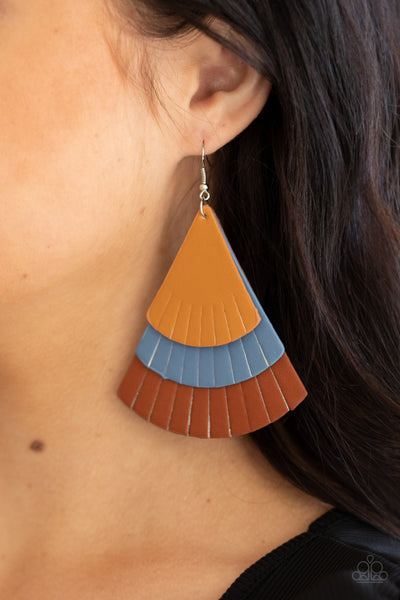 Huge Fanatic - Paparazzi - Multi Tan Blue Brown Leather Layered Earrings