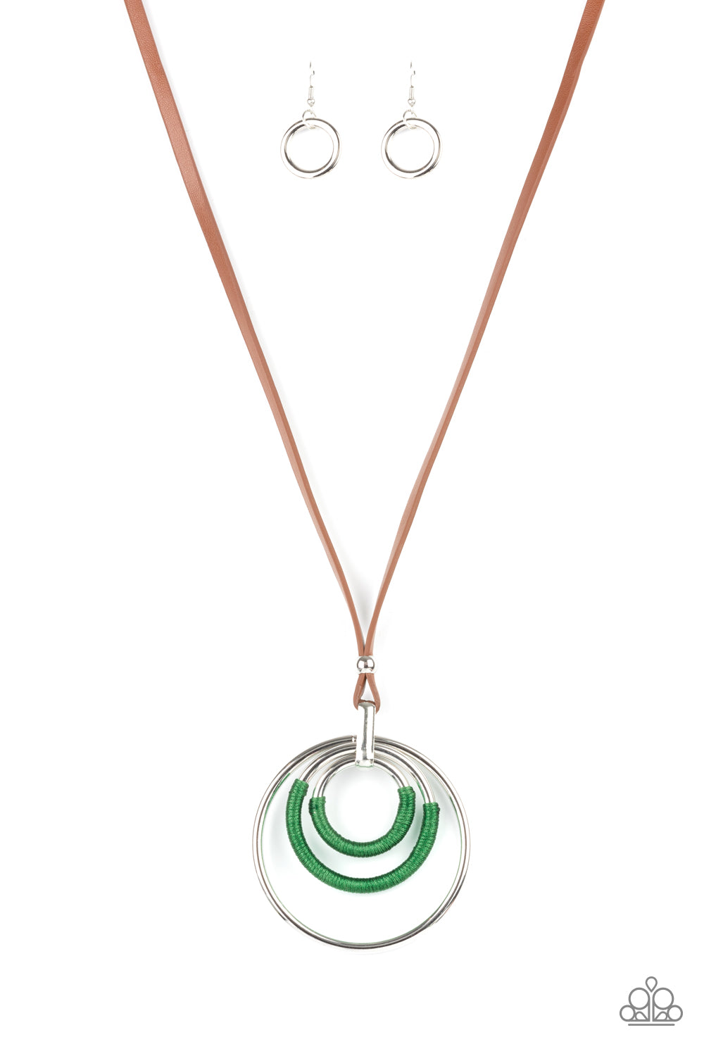 Hypnotic Happenings - Paparazzi - Green Thread Wrapped Hoop Brown Leather Necklace