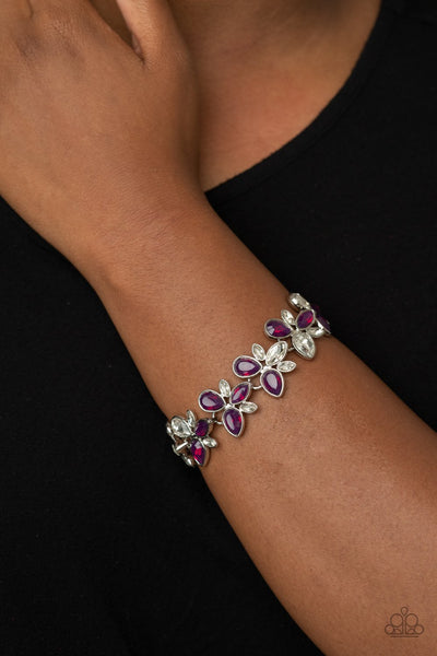 Ice Garden - Paparazzi - Purple Magenta and White Rhinestone Floral Clasp Bracelet