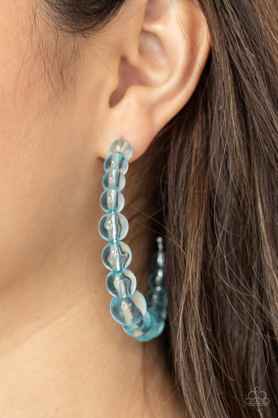 In The Clear - Paparazzi - Blue Glassy Bead Hoop Earrings