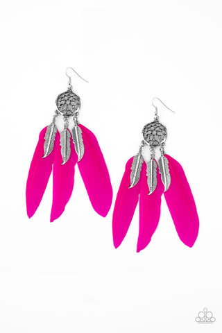 In Your Wildest DREAM-CATCHERS - Paparazzi - Pink Feather Silver Charm Earrings