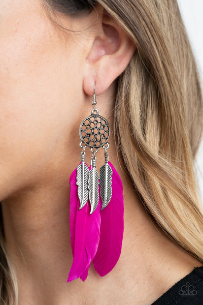 In Your Wildest DREAM-CATCHERS - Paparazzi - Pink Feather Silver Charm Earrings