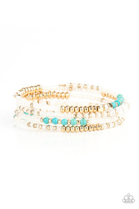 Infinitely Dreamy - Paparazzi - Gold Turquoise and White Seed Bead Coil Bracelet