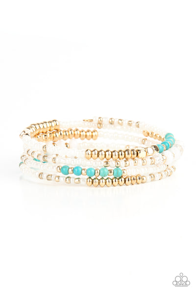 Infinitely Dreamy - Paparazzi - Gold Turquoise and White Seed Bead Coil Bracelet