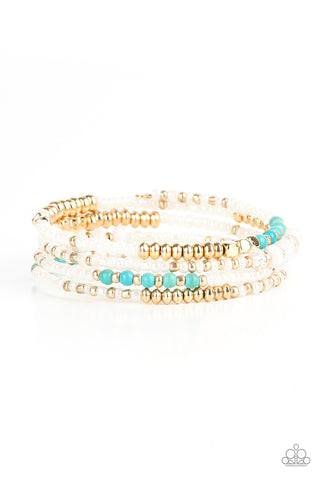 Infinitely Dreamy - Paparazzi - Gold Turquoise and White Seed Bead Coil Bracelet