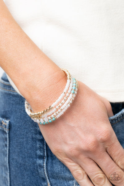 Infinitely Dreamy - Paparazzi - Gold Turquoise and White Seed Bead Coil Bracelet