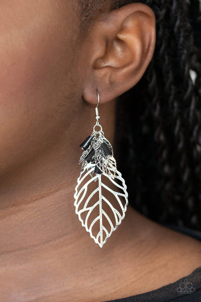 Instant Re-LEAF - Paparazzi - Black Bead Silver Leaf Earrings