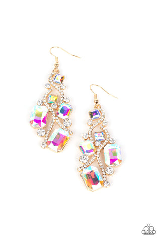 Interstellar Illumination - Paparazzi - Multi Iridescent Rhinestone Gold Life of the Party Earrings