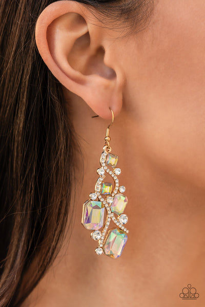 Interstellar Illumination - Paparazzi - Multi Iridescent Rhinestone Gold Life of the Party Earrings