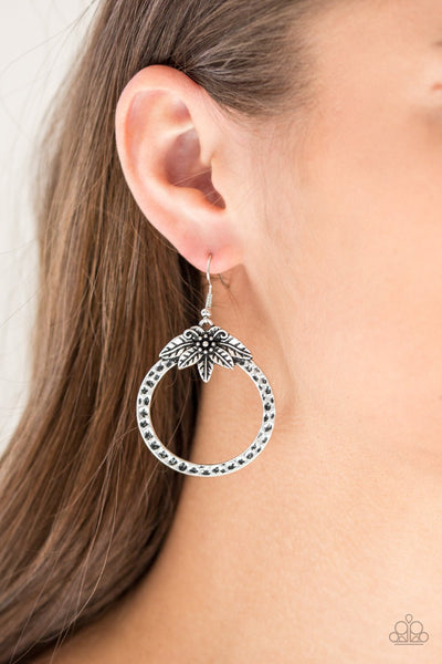 Island Insider - Paparazzi - Silver Floral Hammered Hoop Earrings