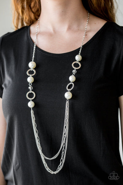 Its About SHOWTIME! - Paparazzi - White Pearl Silver Hoop Necklace