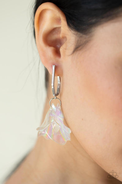 Jaw-Droppingly Jelly - Paparazzi - Silver Hoop Acrylic Iridescent Petals Earrings