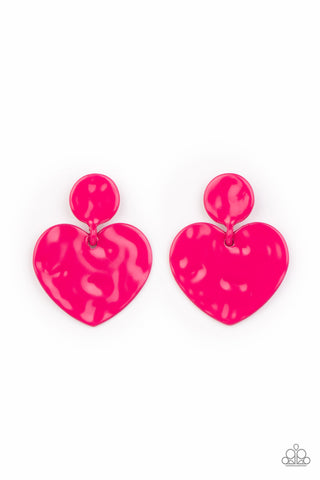 Just a Little Crush - Paparazzi - Pink Hammered Heart Post Earrings