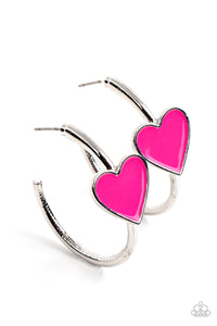Kiss Up - Paparazzi - Pink Heart Silver Hoop Earrings