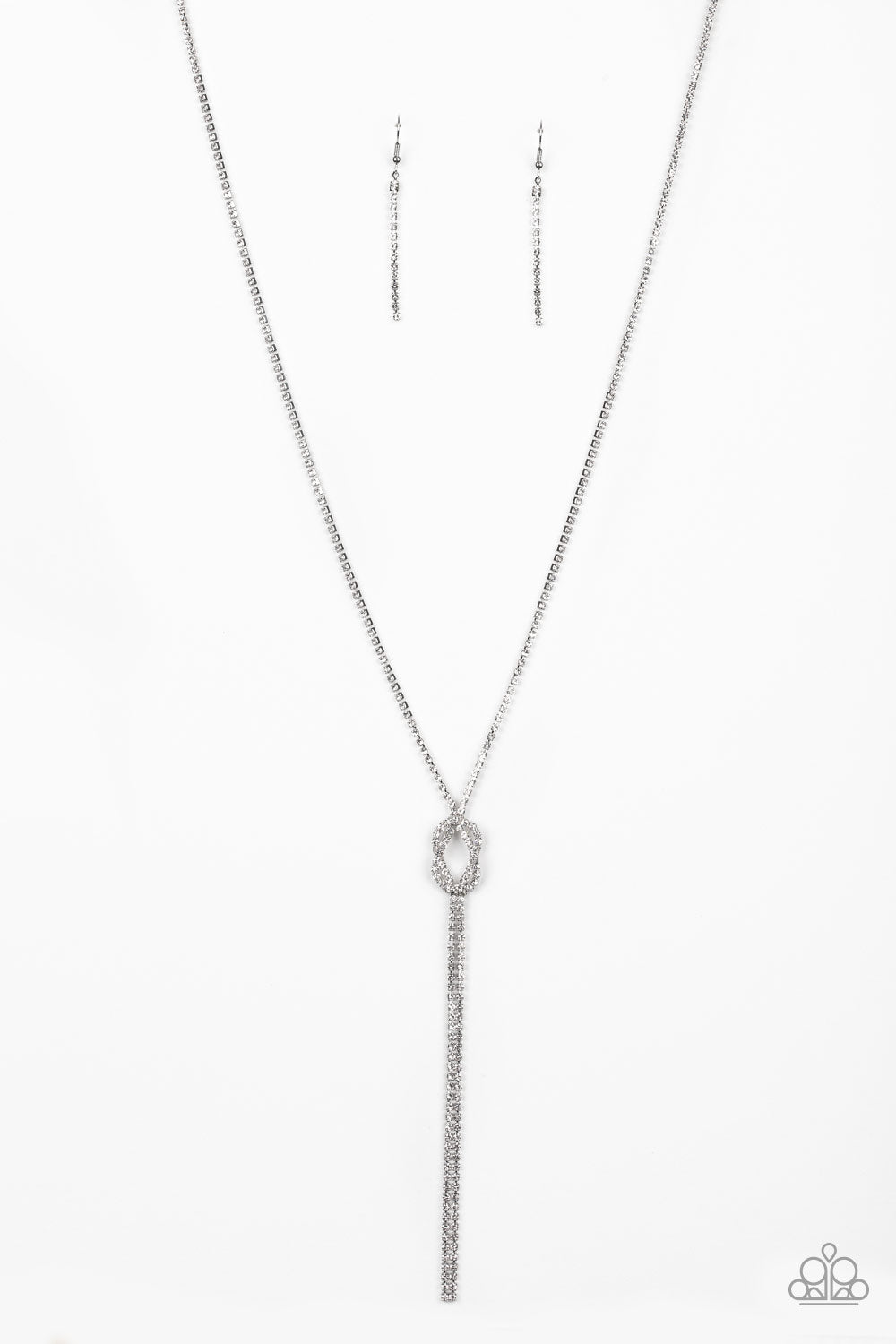 Knockout Knot - Paparazzi - White Rhinestone Knot Tassel Necklace