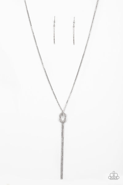 Knockout Knot - Paparazzi - White Rhinestone Knot Tassel Necklace