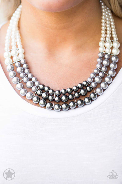 Lady In Waiting - Paparazzi - White, Silver and Grey Pearls Blockbuster Necklace