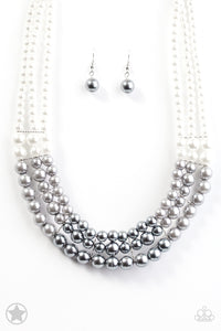 Lady In Waiting - Paparazzi - White, Silver and Grey Pearls Blockbuster Necklace