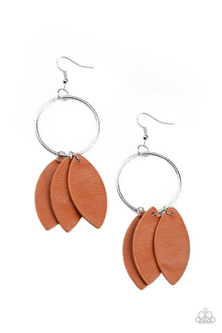 Leafy Laguna - Paparazzi - Brown Leather Leaf Silver Hoop Earrings