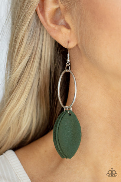 Leafy Laguna - Paparazzi - Green Leather Leaf Silver Hoop Earrings