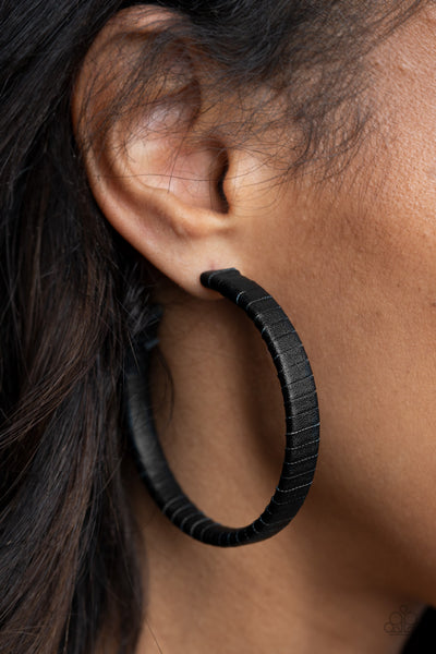 Leather-Clad Legend - Paparazzi - Black Leather Wrapped Hoop Earrings