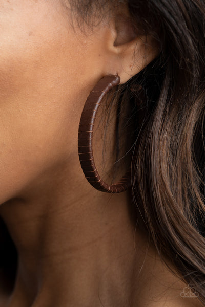 Leather-Clad Legend - Paparazzi - Brown Leather Wrapped Hoop Earrings