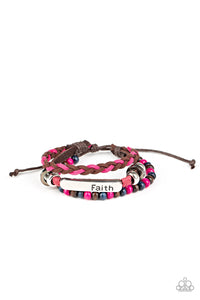 Let Faith Be Your Guide - Paparazzi - Multi Pink, Blue and Brown Wood Faith Sliding Knot Bracelet