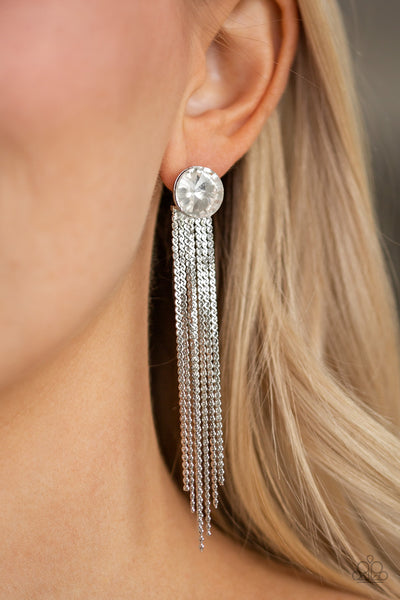 Level Up - Paparazzi - White Rhinestone Silver Chain Fringe Post Earrings
