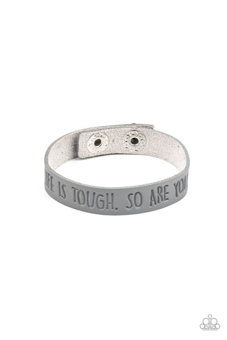 Life is Tough - Paparazzi - Silver Leather Inspirational Stamped Snap Bracelet