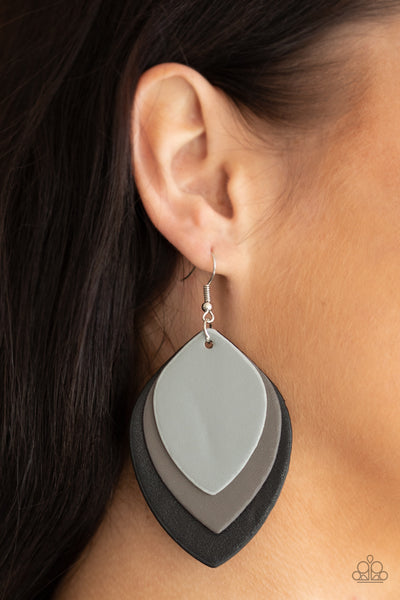 Light as a LEATHER - Paparazzi - Black and Grey Leather Leaf Earrings