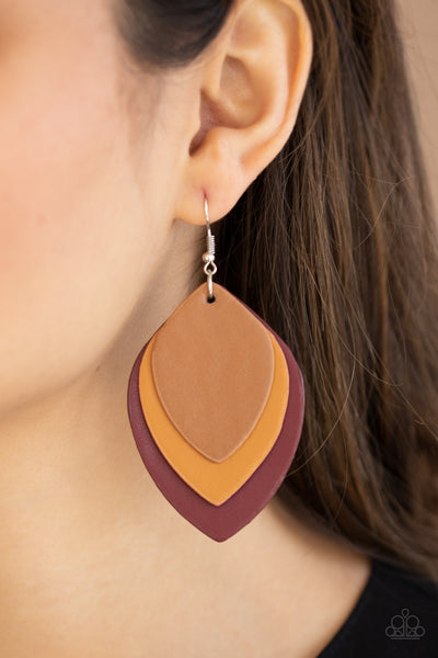 Light as a LEATHER - Paparazzi - Red, Brown and Tan Leather Leaf Earrings