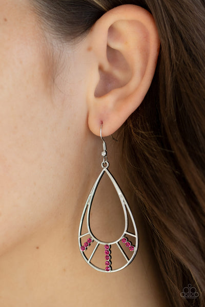 Line Crossing Sparkle - Paparazzi - Pink Rhinestone Silver Teardrop Earrings