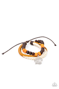 Lotus Beach - Paparazzi - Orange Wood Bead Flower Charm Leather Sliding Knot Bracelet