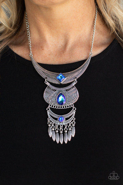 Lunar Enchantment - Paparazzi - Blue Iridescent Gem Silver Crescent Plate 2021 Convention Exclusive Necklace