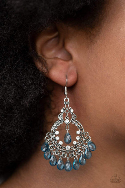 Lyrical Luster - Paparazzi - Blue Teardrop Bead Silver Ornate Earrings