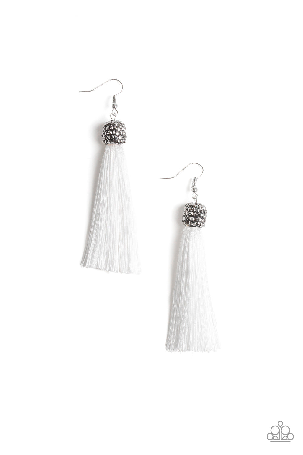 Make Room For Plume - Paparazzi - White Tassel Hematite Rhinestone Earrings