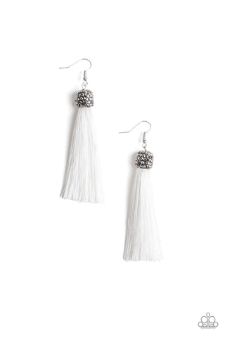 Make Room For Plume - Paparazzi - White Tassel Hematite Rhinestone Earrings